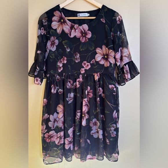 ChenZhou| Navy & Violet Floral Ruffled 3/4 Sleeve Swing Dress Sz M - Picture 2 of 6